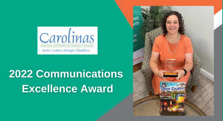 Union County Chamber 2022 Communications Excellence Award graphic showing woman holding award