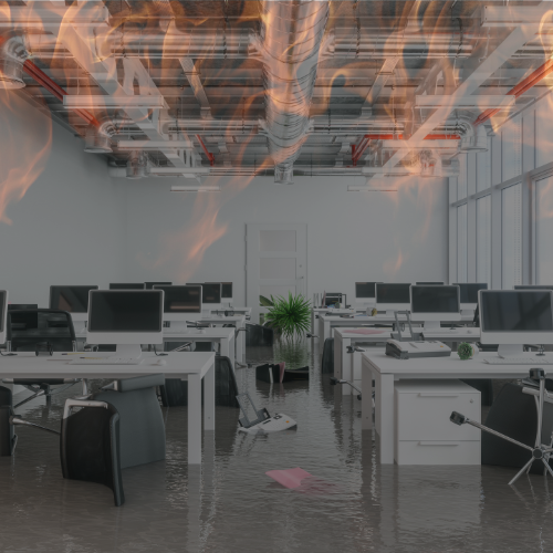 Office flooded and on fire to show need for Disaster Preparedness Plan