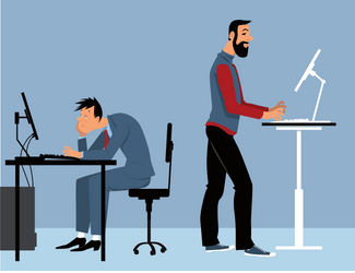 Graphic of man sitting at a desk next to a man at a standing desk