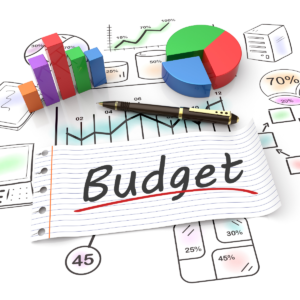Budget on notebook, pie charts and graphs