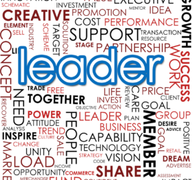 Word cloud with words related to leadership like together and share and creative