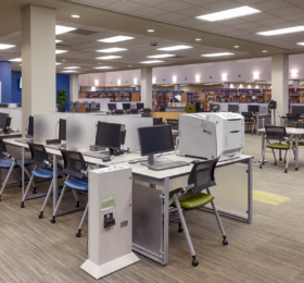 Computers and book shelves at Union County Library