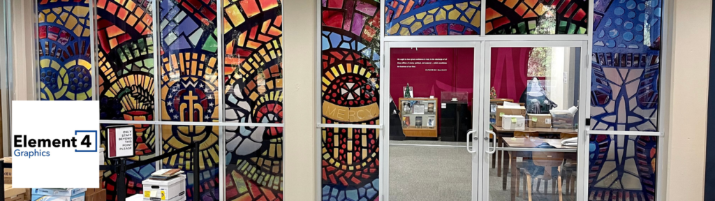 Church doors with stained glass signs designed by Element 4 Graphics