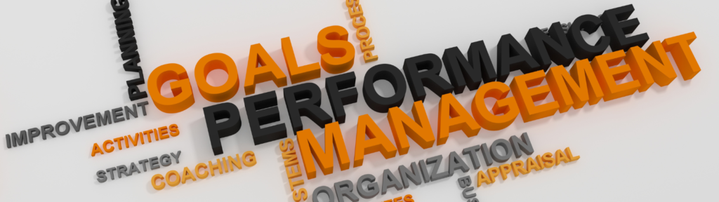 Performance review words including Goals, Performance, Management, Improvement, Strategy, Coaching, Activities