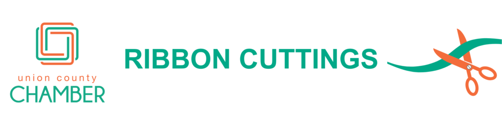 Graphic of scissors cutting a ribbon with the words "Union County Chamber Ribbon Cuttings"