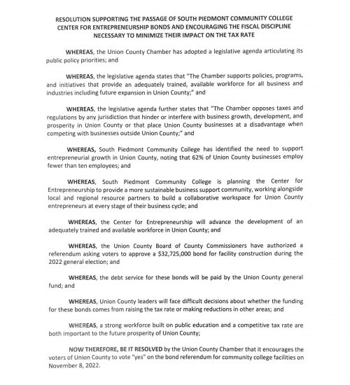 Union County Chamber Resolution Supporting SPCC Bond Referendum